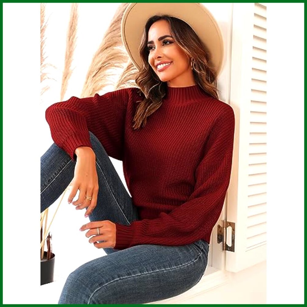 Cropped Turtleneck Sweater Lantern Sleeve Ribbed Knit Pullover - Picture 4 of 7